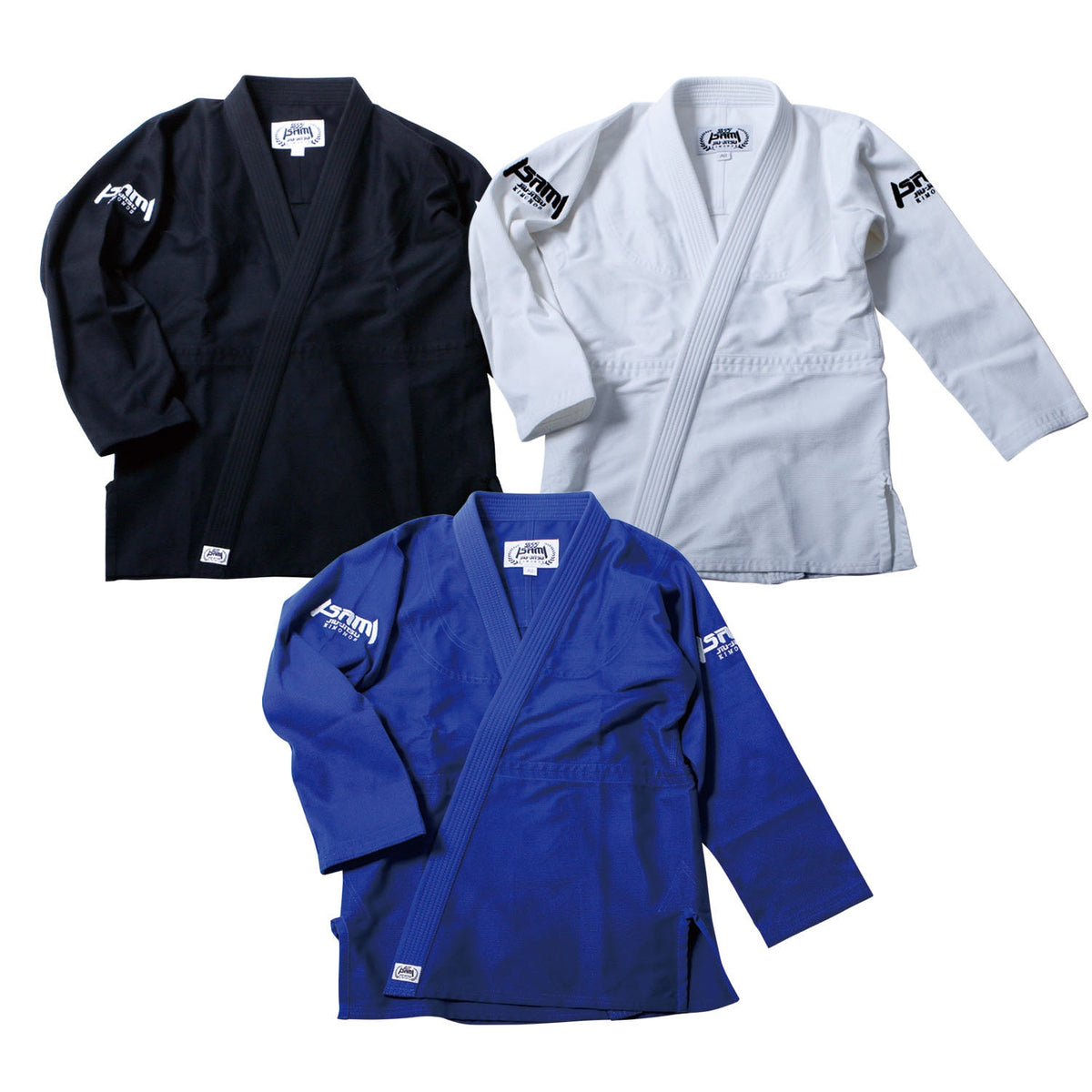 Isami Starter Kids BJJ Gi – White, Blue, Black – flat lay