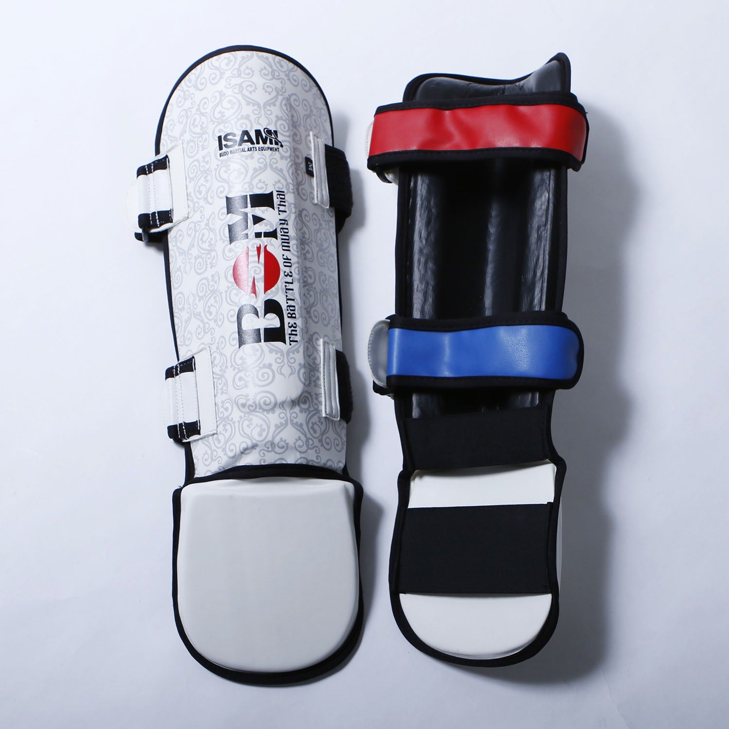 BOM Muay Thai Shin Guards by Isami in white, front and back view