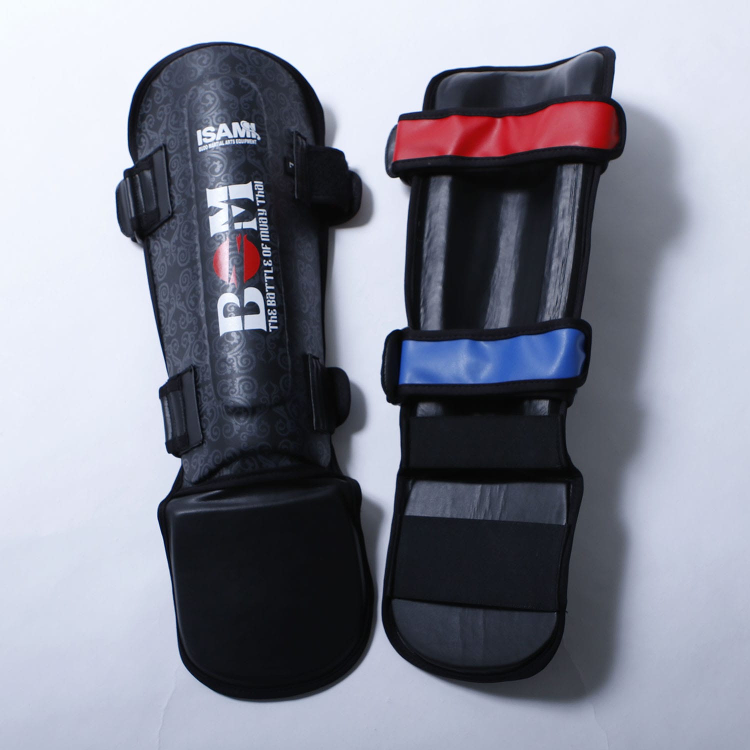 BOM Muay Thai Shin Guards by Isami in black, front and back view