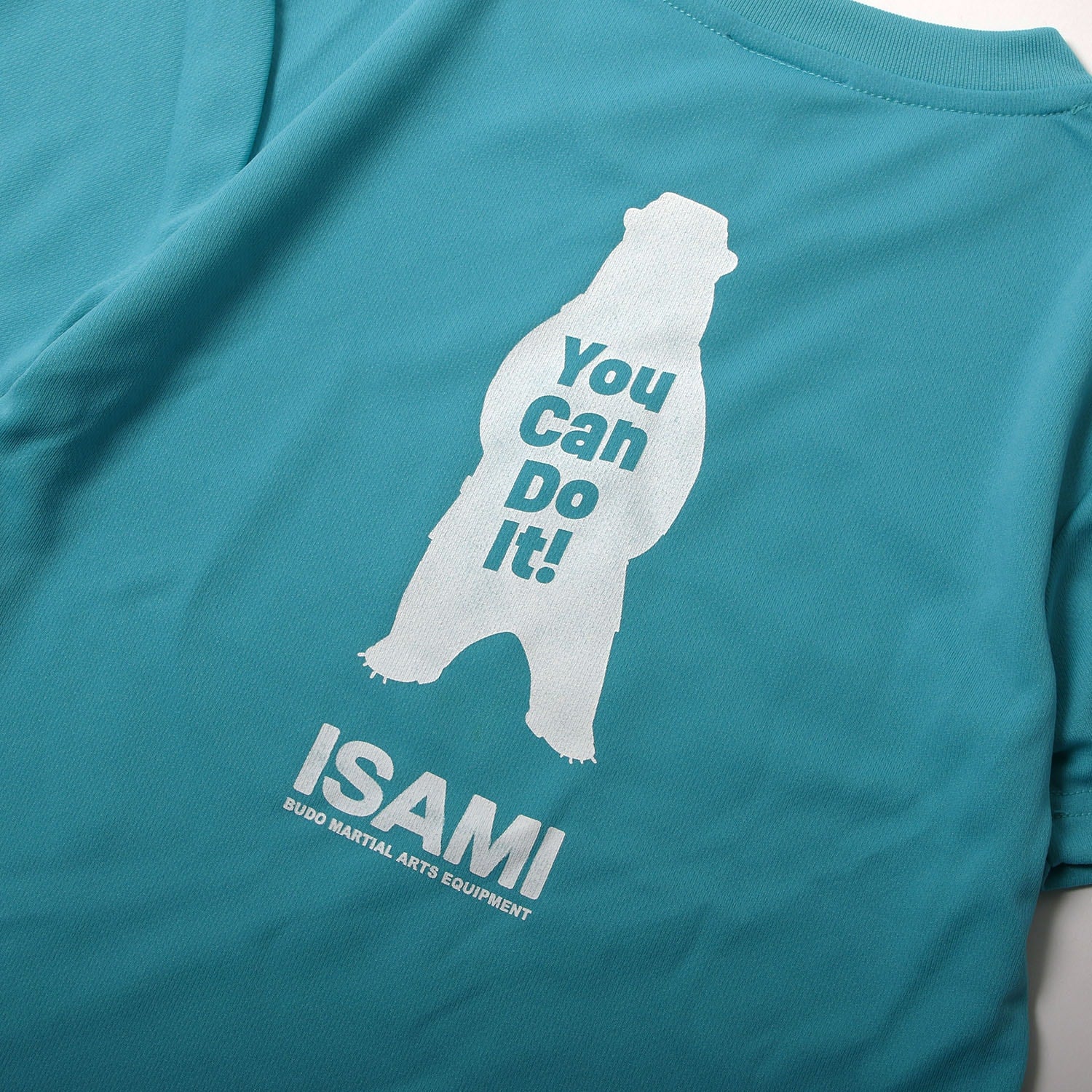 Isami You Can Do It Karate Bear T-Shirt in Mint Blue, chest detail
