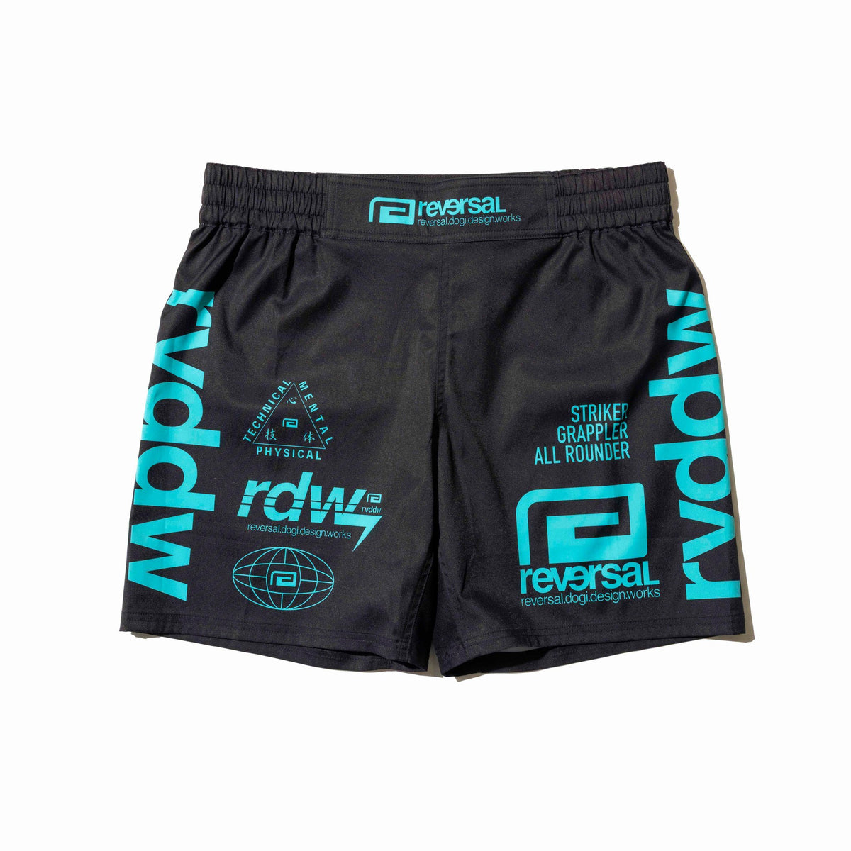 Reversal RVDDW Racing Fight Shorts – Black-Turquoise – flat lay