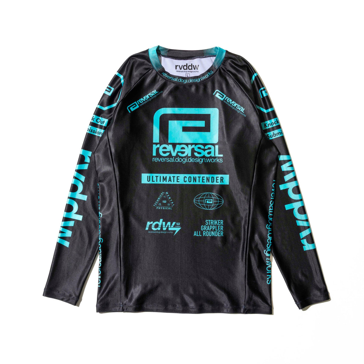 Reversal RVDDW Racing Rash Guard – Black-Turquoise – flat lay