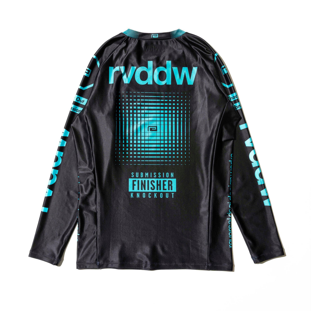 Reversal RVDDW Racing Rash Guard – Black-Turquoise – flat lay