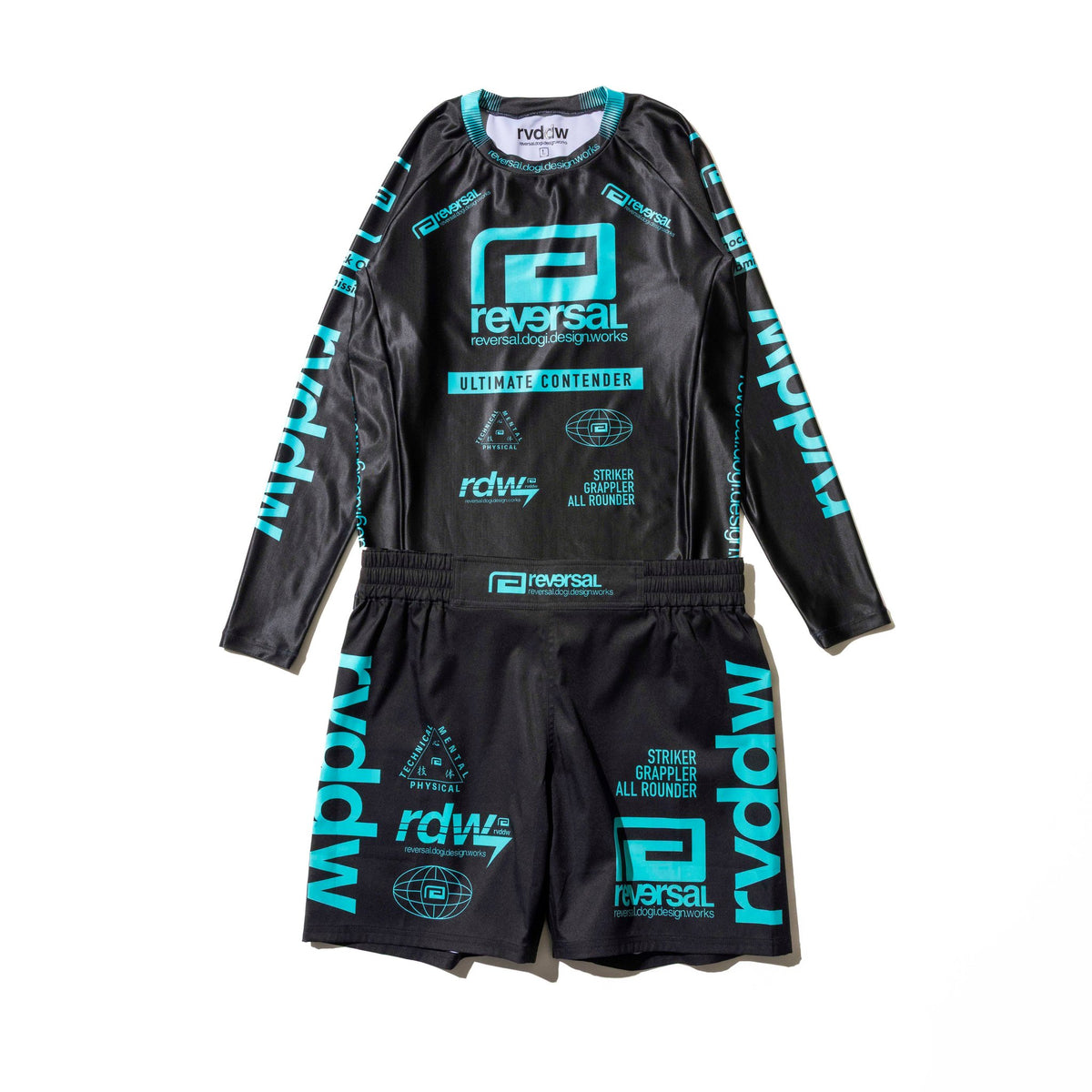 Reversal RVDDW Racing Rash Guard – Black-Turquoise – flat lay