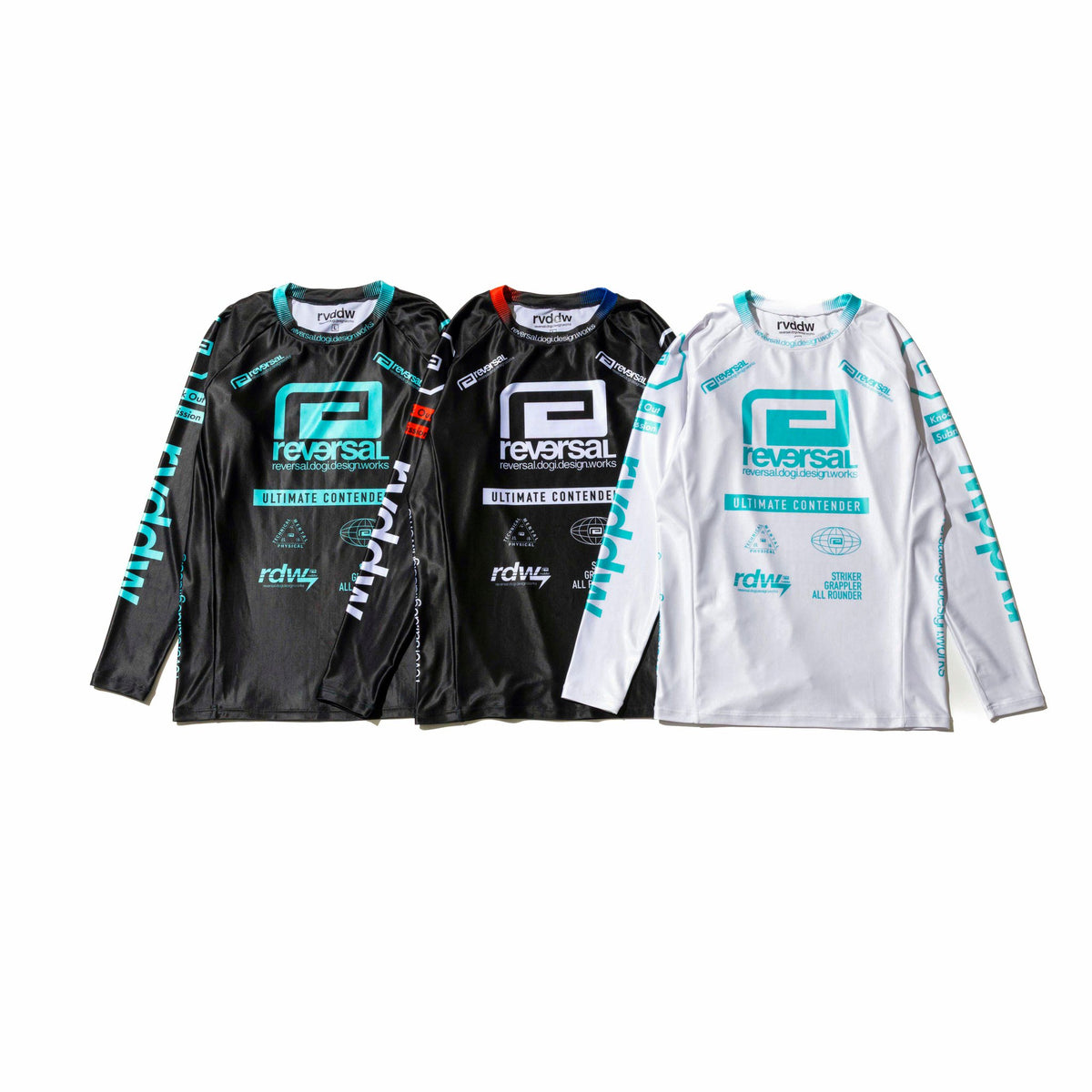 Reversal RVDDW Racing Rash Guard – Black, Black-Turquoise and White-Turquoise – flat lay