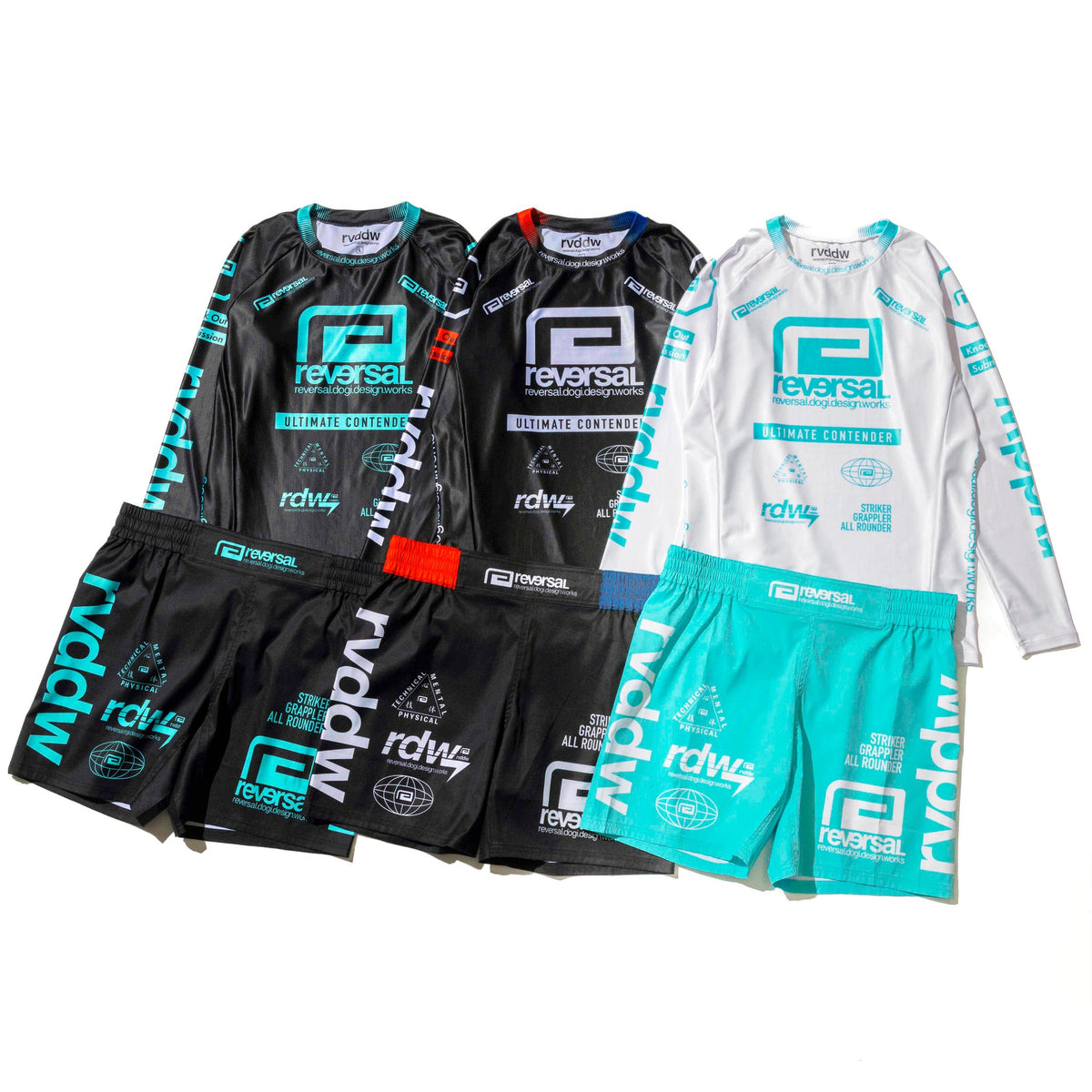 Reversal RVDDW Racing Rash Guard – Black, Black-Turquoise and White-Turquoise – flat lay