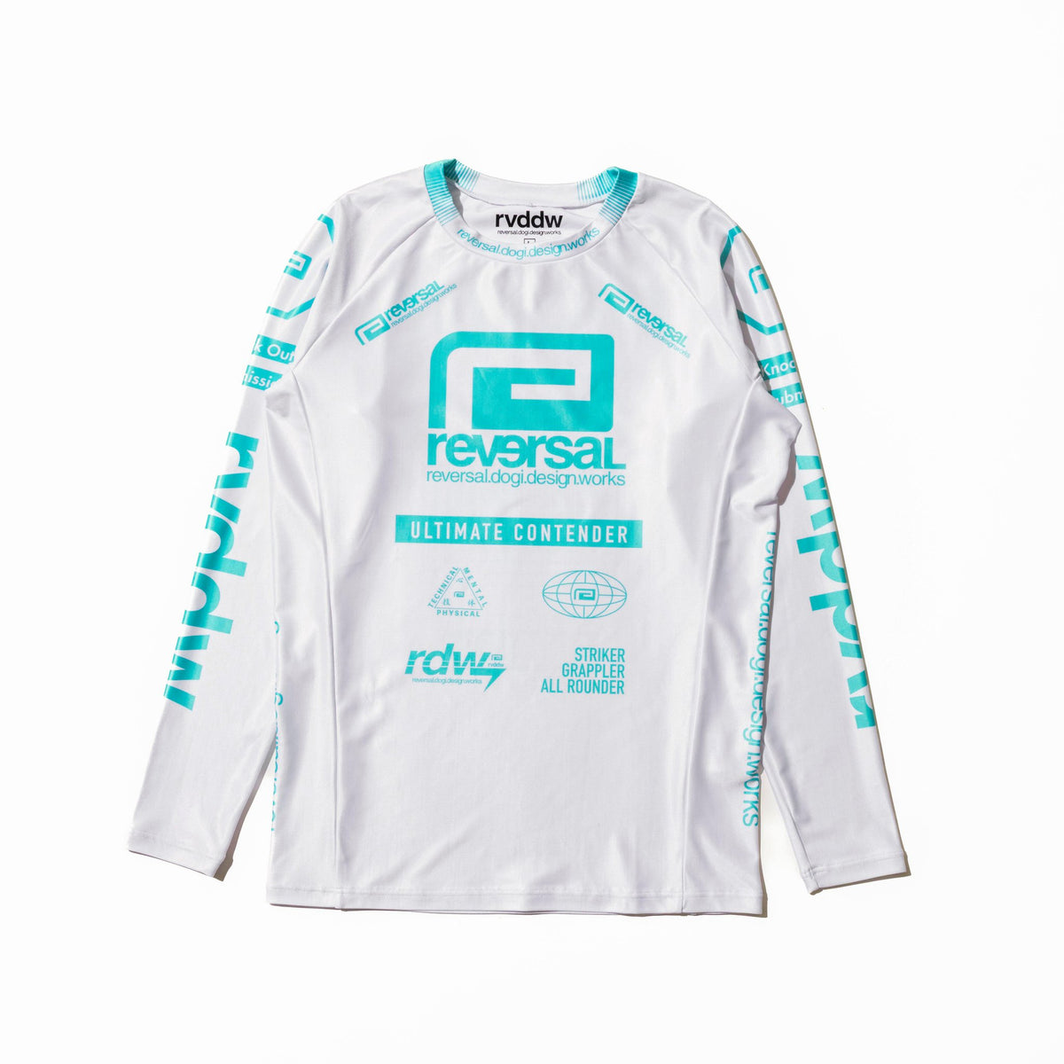 Reversal RVDDW Racing Rash Guard – White-Turquoise – flat lay