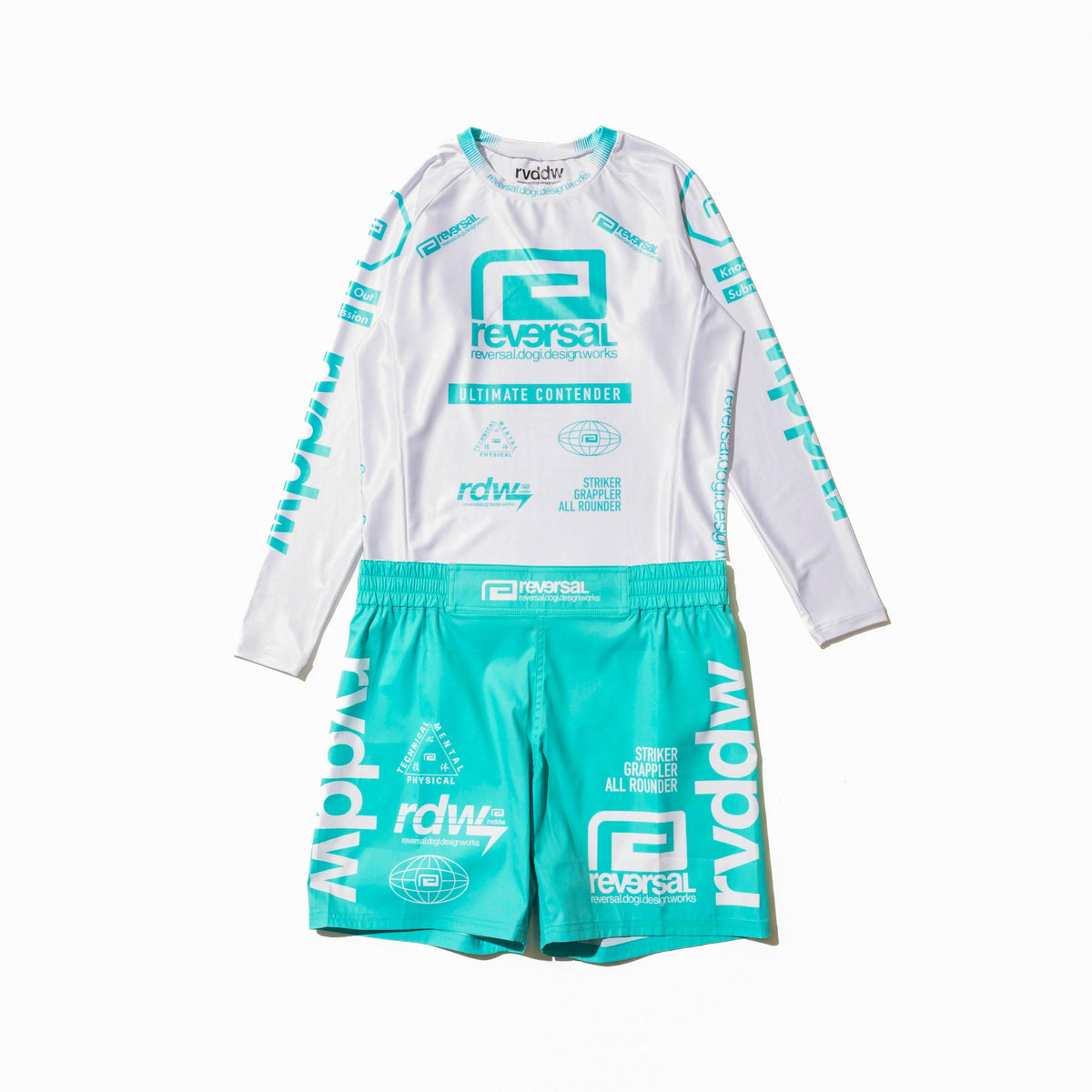 Reversal RVDDW Racing Rash Guard – White-Turquoise – flat lay